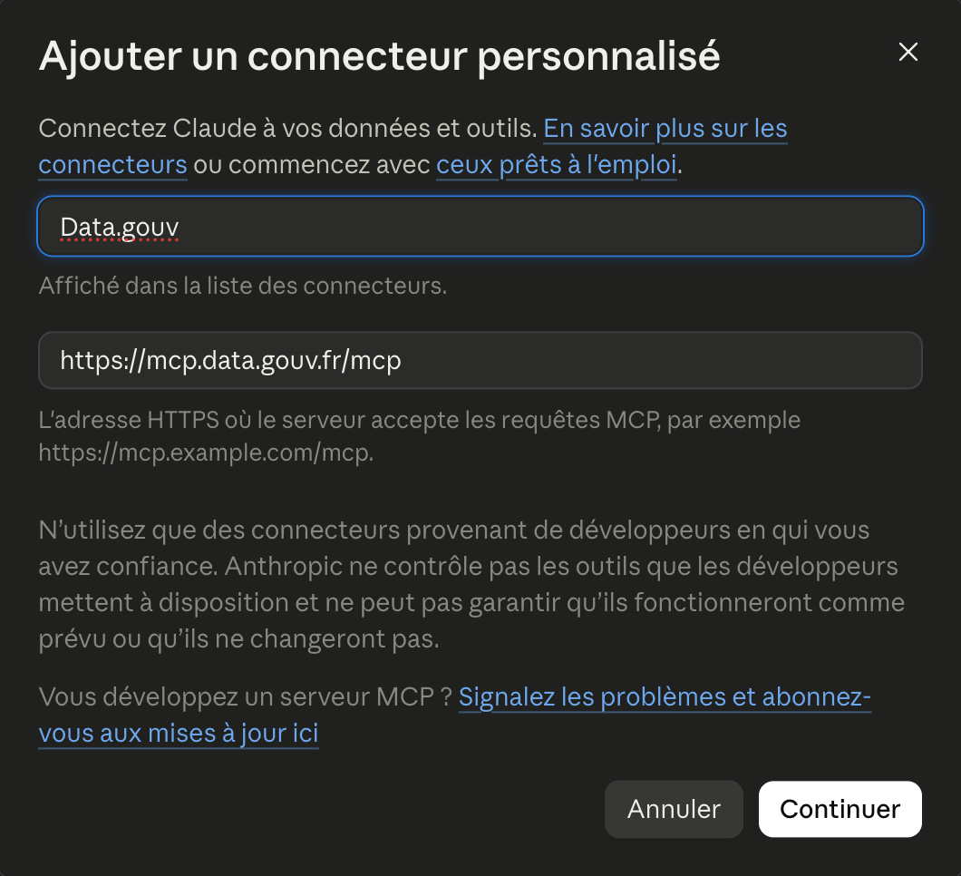 Fenêtre Ajouter un connecteur personnalisé : nom Data.gouv, adresse https://mcp.data.gouv.fr/mcp, bouton Continuer.