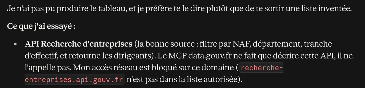 Réponse de Claude : tableau impossible, le domaine de l’API Recherche d’entreprises n’est pas autorisé.