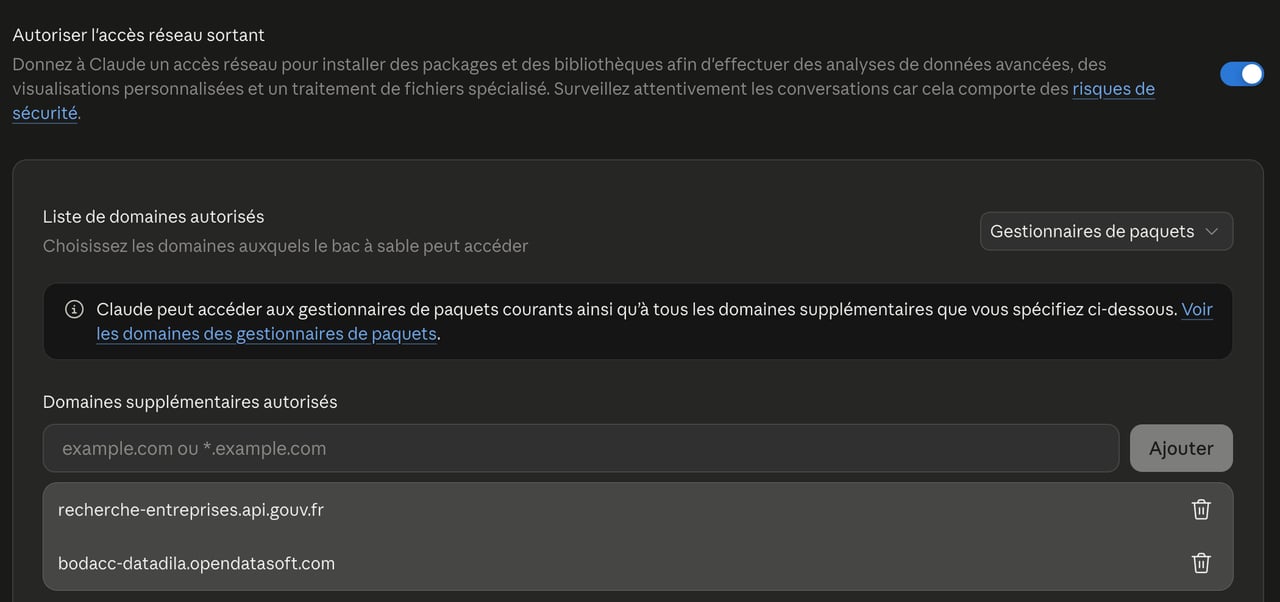 Accès réseau sortant activé ; domaines recherche-entreprises.api.gouv.fr et bodacc-datadila.opendatasoft.com ajoutés.